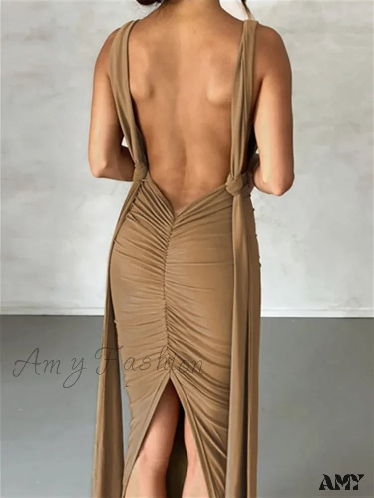 Amy Fashion - Women Sleeveless Strap Solid Color Deep V-Neck Backless High Split Summer Party