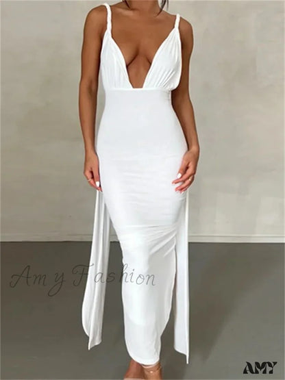 Amy Fashion - Women Sleeveless Strap Solid Color Deep V-Neck Backless High Split Summer Party