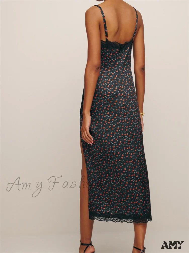 Amy Fashion - Women Sleeveless Strap Summer Lace Patchwork V Neck Backless Split Party Cocktail