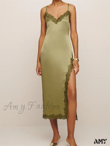 Amy Fashion - Women Sleeveless Strap Summer Lace Patchwork V Neck Backless Split Party Cocktail