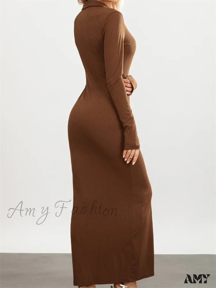 Amy Fashion - Women Slim Fit Sleeve Button Down Turn Collar Evening For Spring Fall Female Vestidos