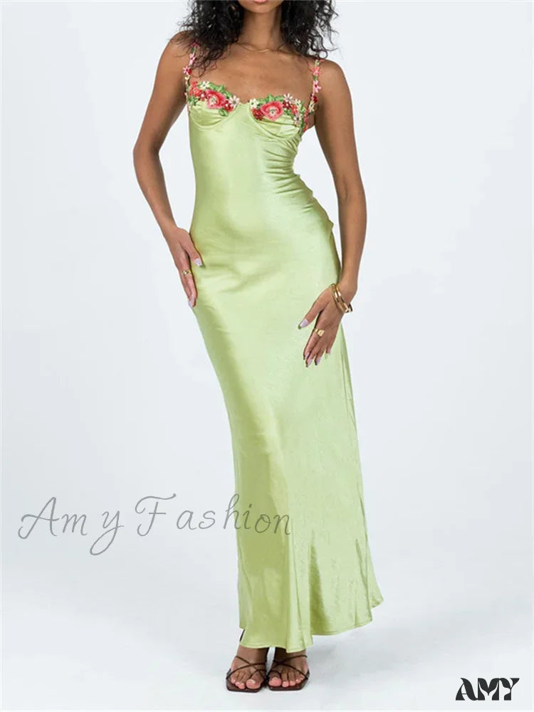 Amy Fashion - Women Sling Bodycon Flower Embroidery Sleeveless Spaghetti Strap Cocktail Summer