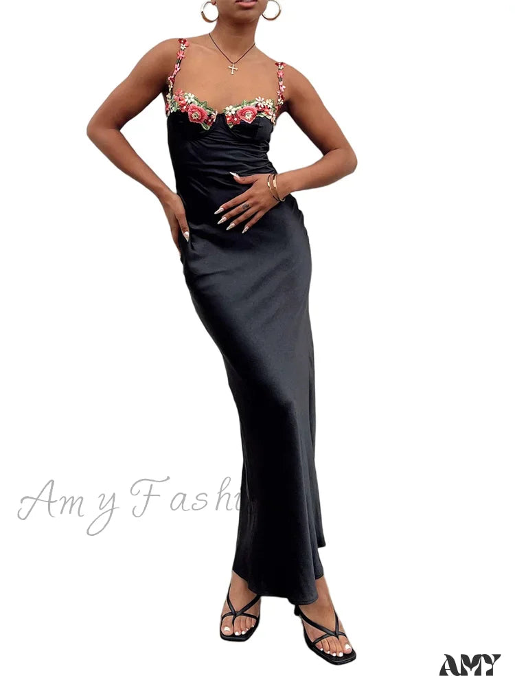 Amy Fashion - Women Sling Bodycon Flower Embroidery Sleeveless Spaghetti Strap Cocktail Summer