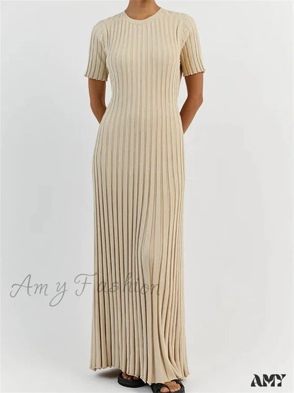 Amy Fashion - Women Solid Color Round Neck Short Sleeve Summer Tie-Up Party Ribbed Knitted Female