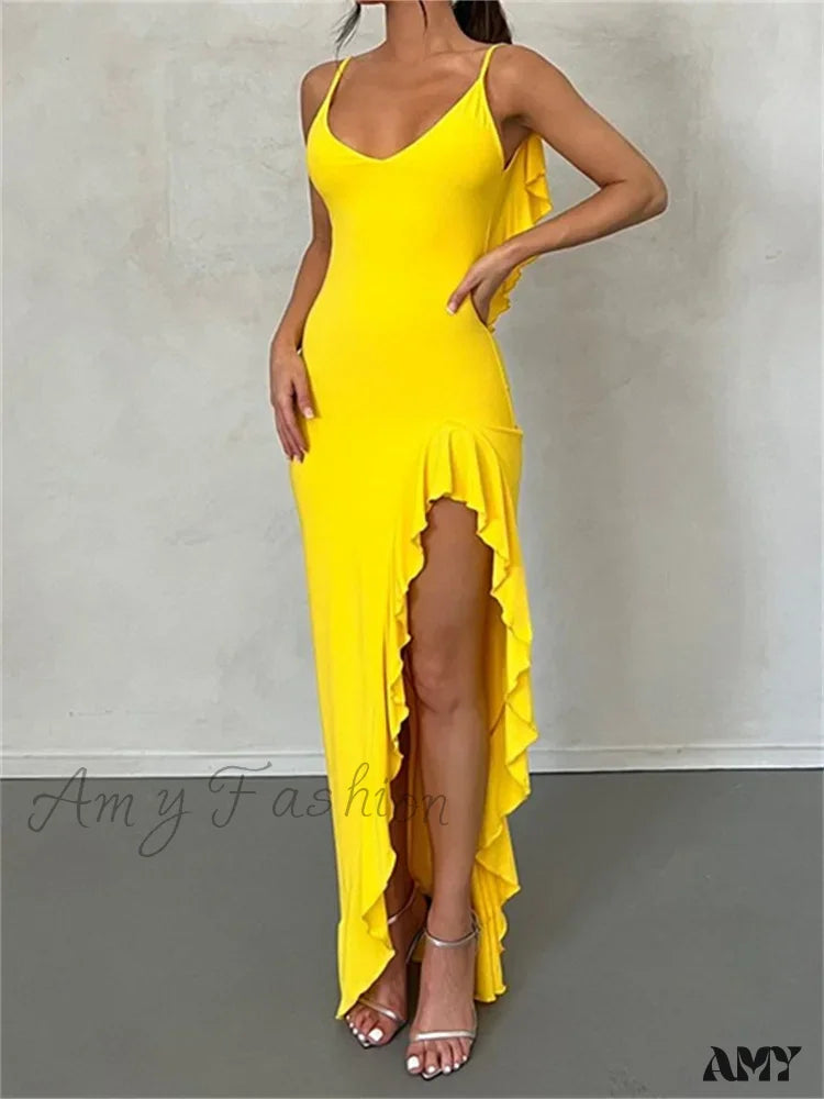 Amy Fashion - Women Spaghetti Strap Backless Ruffles Sexy Slim Fit V Neck Sleeveless Ruched Beach