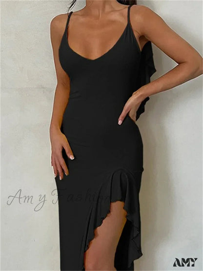 Amy Fashion - Women Spaghetti Strap Backless Ruffles Sexy Slim Fit V Neck Sleeveless Ruched Beach