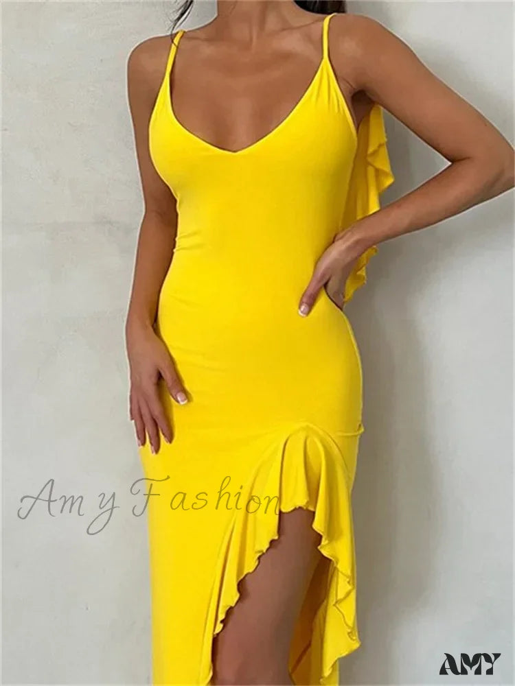 Amy Fashion - Women Spaghetti Strap Backless Ruffles Sexy Slim Fit V Neck Sleeveless Ruched Beach