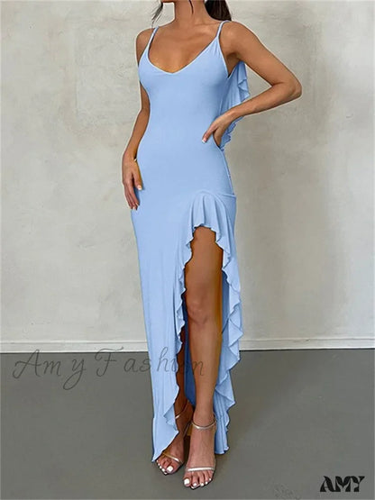 Amy Fashion - Women Spaghetti Strap Backless Ruffles Sexy Slim Fit V Neck Sleeveless Ruched Beach