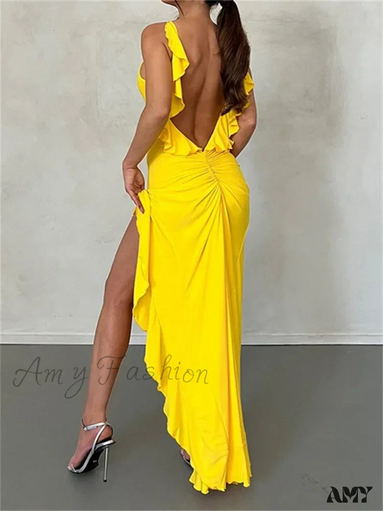 Amy Fashion - Women Spaghetti Strap Backless Ruffles Sexy Slim Fit V Neck Sleeveless Ruched Beach