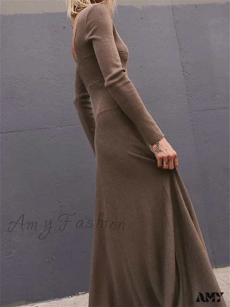 Amy Fashion - Women Spring Fall Casual Solid Color Square Neck Sleeve Knitted Pleated Holiday