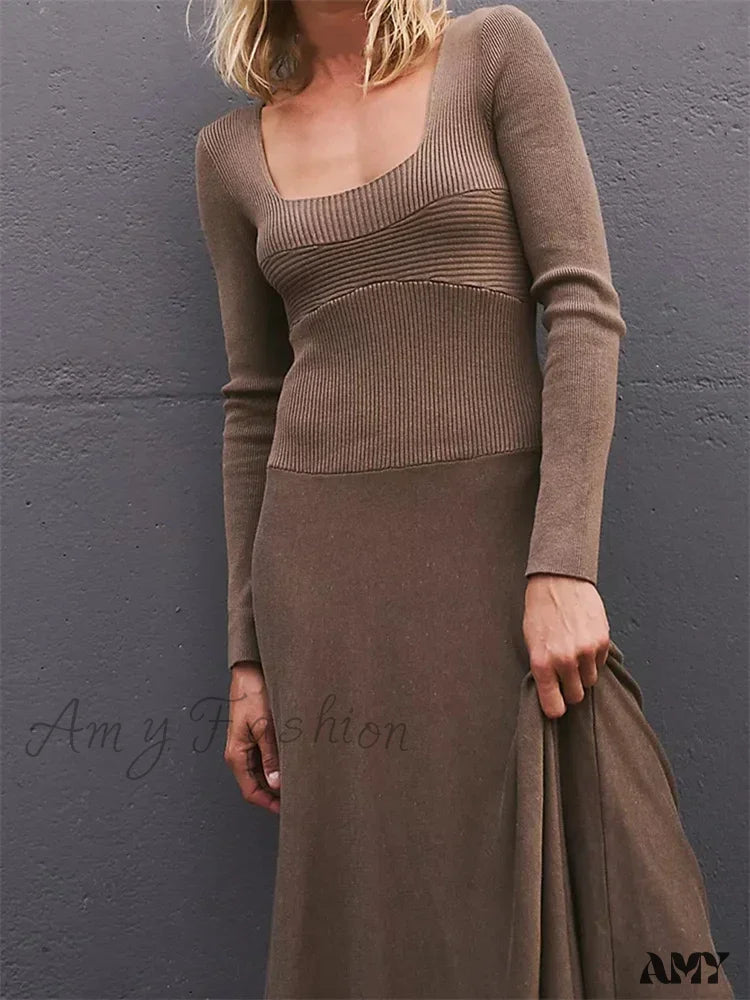 Amy Fashion - Women Spring Fall Casual Solid Color Square Neck Sleeve Knitted Pleated Holiday