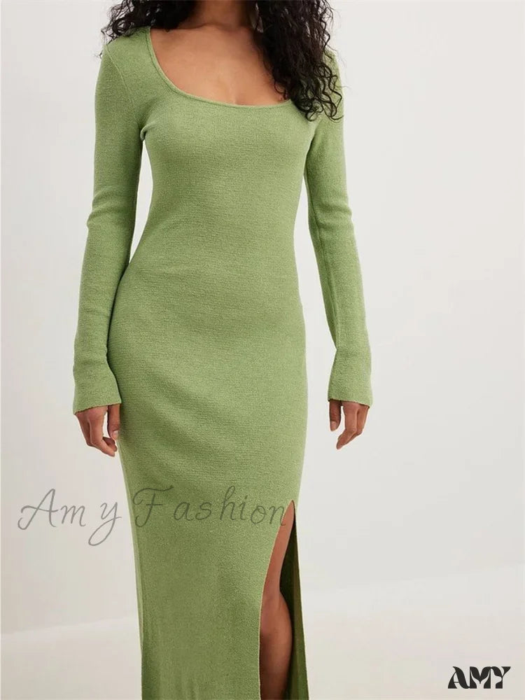 Amy Fashion - Women Spring Fall Knitted Elegant Sleeve Round Neck Solid High Split Female Vestidos