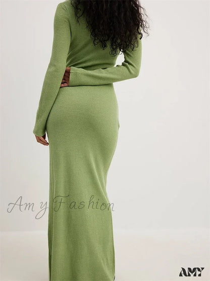 Amy Fashion - Women Spring Fall Knitted Elegant Sleeve Round Neck Solid High Split Female Vestidos