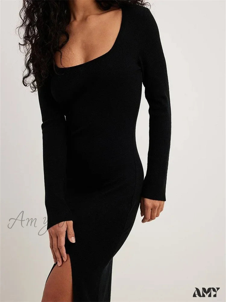 Amy Fashion - Women Spring Fall Knitted Elegant Sleeve Round Neck Solid High Split Female Vestidos