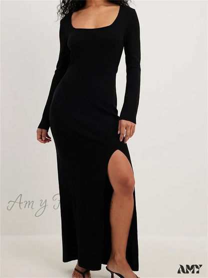 Amy Fashion - Women Spring Fall Knitted Elegant Sleeve Round Neck Solid High Split Female Vestidos