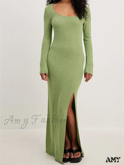 Amy Fashion - Women Spring Fall Knitted Elegant Sleeve Round Neck Solid High Split Female Vestidos