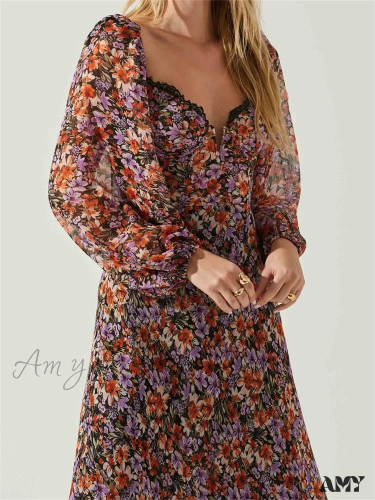 Amy Fashion - Women Spring Fall Vintage Floral Print V-Neck Puff Sleeve Backless Holiday Vestido