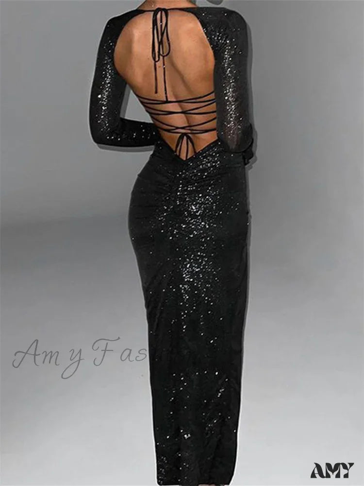 Amy Fashion - Women Square Neck High Split Sleeve Sparkly Backless Tie Up Cocktail Club Party