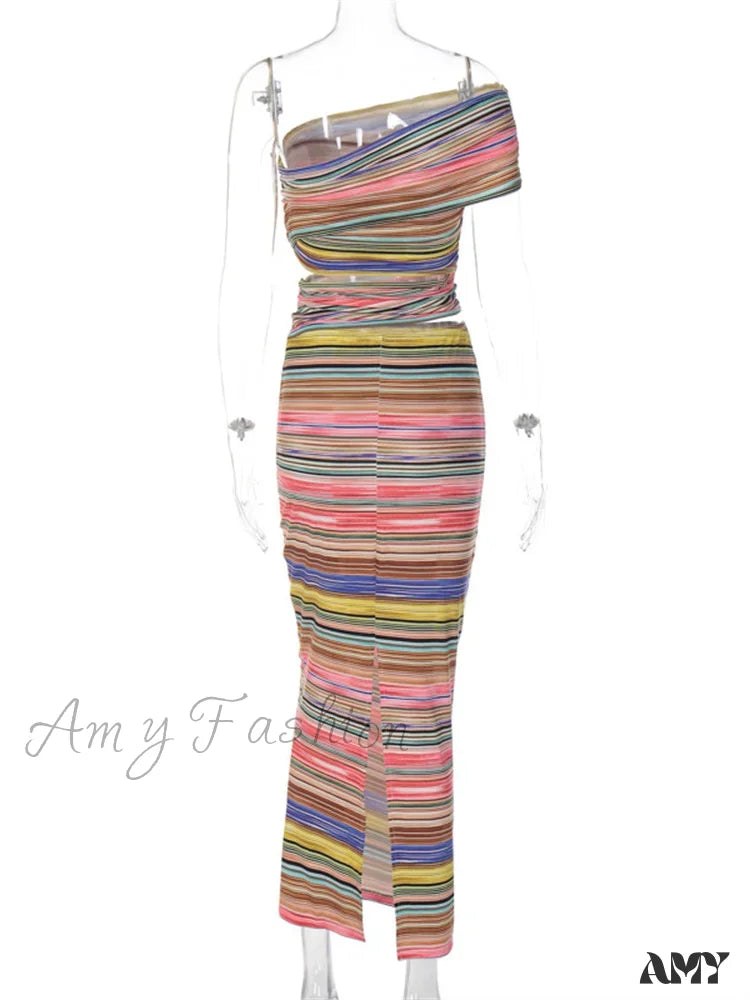 Amy Fashion - Women Striped Bodycon Summer Irregular Cutout One Shoulder Sleeveless Beach Party For