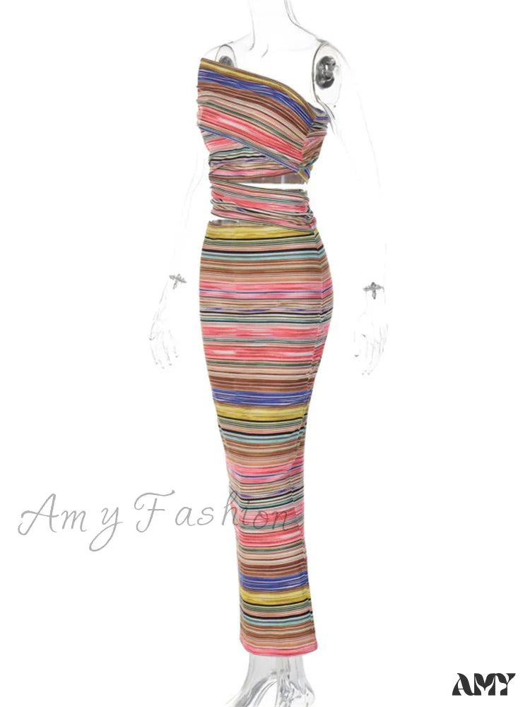 Amy Fashion - Women Striped Bodycon Summer Irregular Cutout One Shoulder Sleeveless Beach Party For