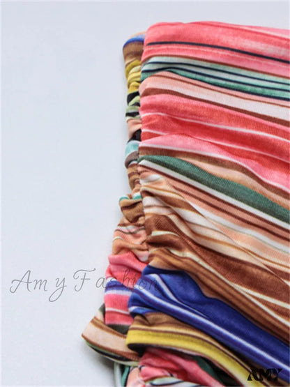 Amy Fashion - Women Striped Bodycon Summer Irregular Cutout One Shoulder Sleeveless Beach Party For