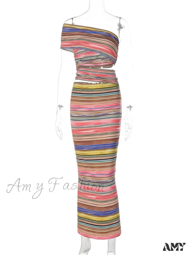 Amy Fashion - Women Striped Bodycon Summer Irregular Cutout One Shoulder Sleeveless Beach Party For