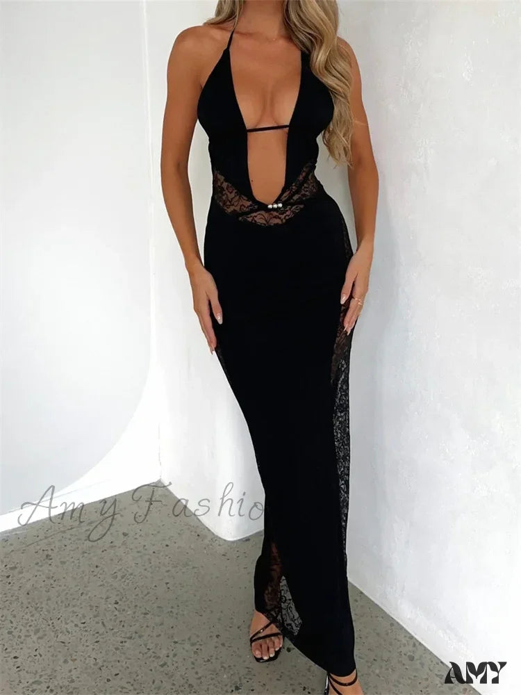 Amy Fashion - Women Summer Deep V-Neck Black Sleeveless Strap Backless Halter Off Shoulder Lace