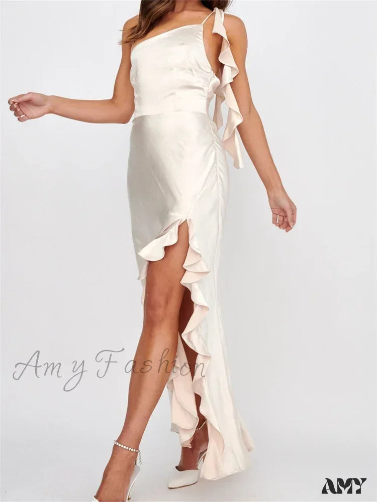 Amy Fashion - Women Summer Evening Sleeveless Strap Backless Off Shoulder High Split Ruffles Party