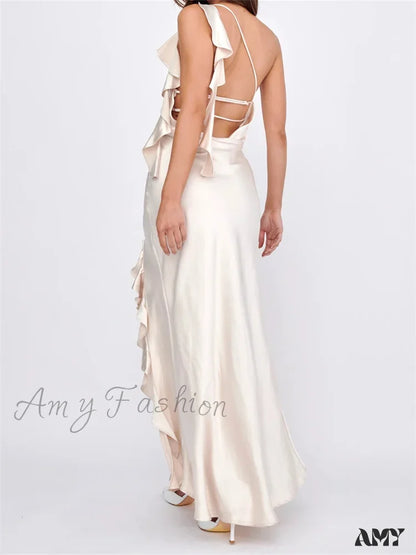 Amy Fashion - Women Summer Evening Sleeveless Strap Backless Off Shoulder High Split Ruffles Party