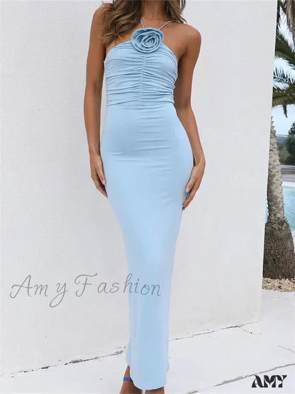 Amy Fashion - Women Summer Halter Beach Solid 3D Flower Ruched Backless Sleeveless Off Shoulder