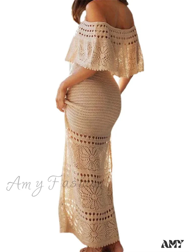 Amy Fashion - Women Summer Knitted Short Sleeve Off Shoulder Hollow Out Tie Up Streetwear Female