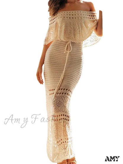 Amy Fashion - Women Summer Knitted Short Sleeve Off Shoulder Hollow Out Tie Up Streetwear Female