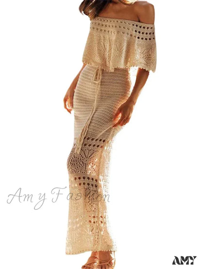 Amy Fashion - Women Summer Knitted Short Sleeve Off Shoulder Hollow Out Tie Up Streetwear Female