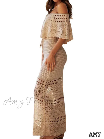 Amy Fashion - Women Summer Knitted Short Sleeve Off Shoulder Hollow Out Tie Up Streetwear Female