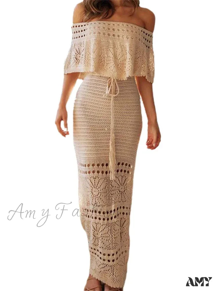 Amy Fashion - Women Summer Knitted Short Sleeve Off Shoulder Hollow Out Tie Up Streetwear Female