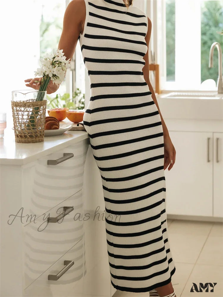 Amy Fashion - Women Summer Knitted Striped Print Sleeveless High Neck Split Slim Fit Party Tank