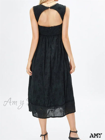 Amy Fashion - Women Summer Lace Floral Backless Tie-Up Sleeveless Spaghetti Strap Hollow Out Party