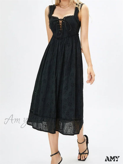 Amy Fashion - Women Summer Lace Floral Backless Tie-Up Sleeveless Spaghetti Strap Hollow Out Party