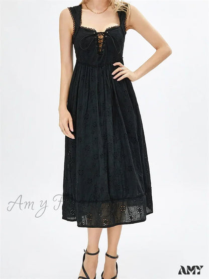 Amy Fashion - Women Summer Lace Floral Backless Tie-Up Sleeveless Spaghetti Strap Hollow Out Party