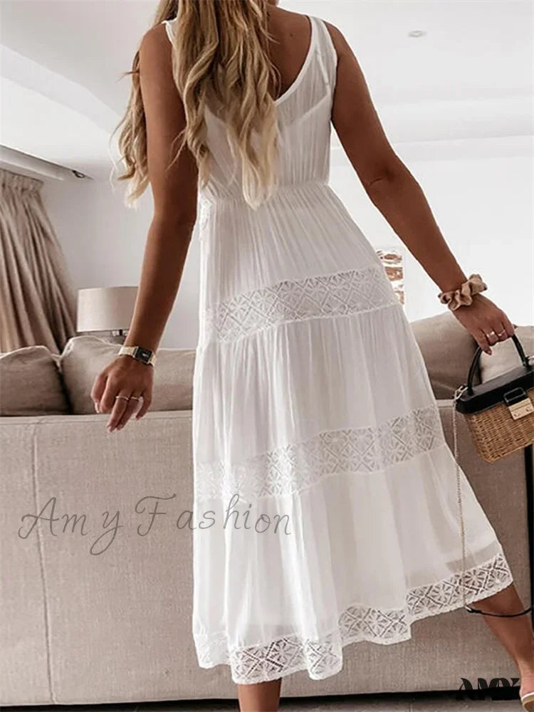 Amy Fashion - Women Summer Off Shoulder Tank Fairy Lace Sleeveless Backless Solid Ruched Flowy