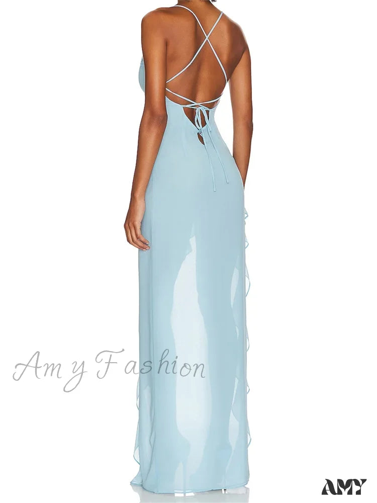 Amy Fashion - Women Summer Sleeveless Spaghetti Strap Irregular Hem Ruffles Side High Split Party