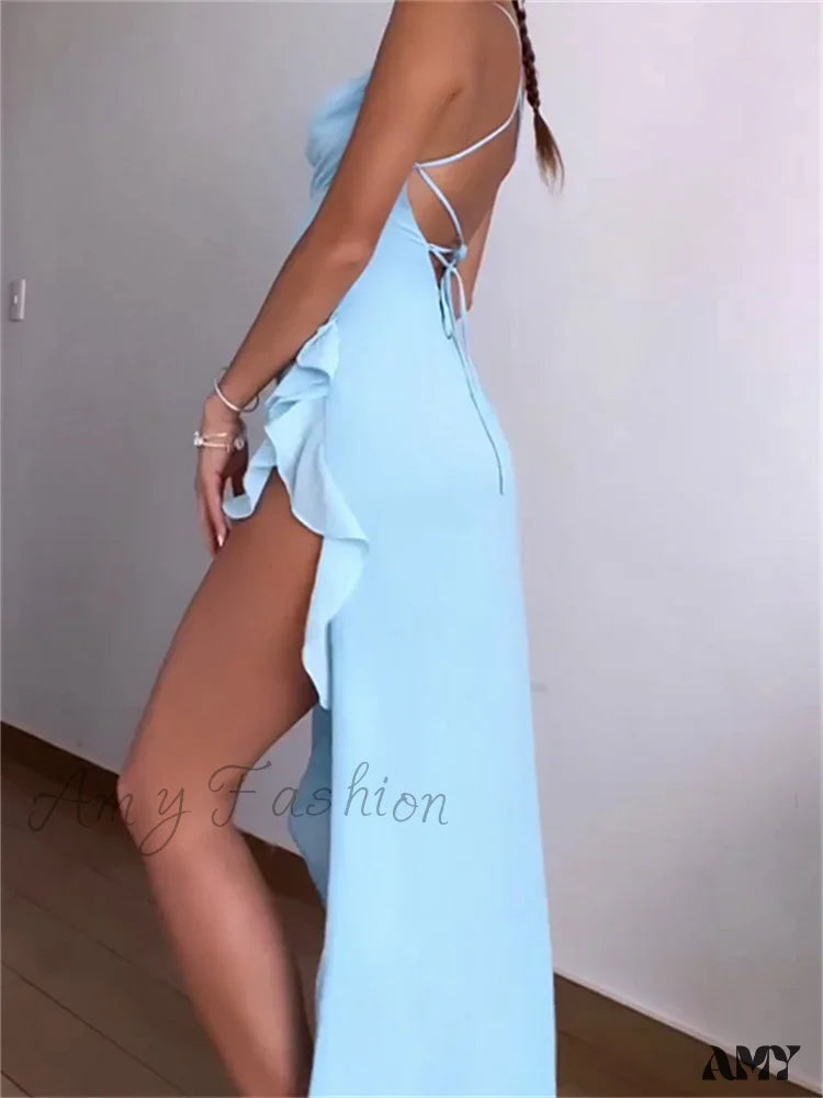 Amy Fashion - Women Summer Sleeveless Spaghetti Strap Irregular Hem Ruffles Side High Split Party