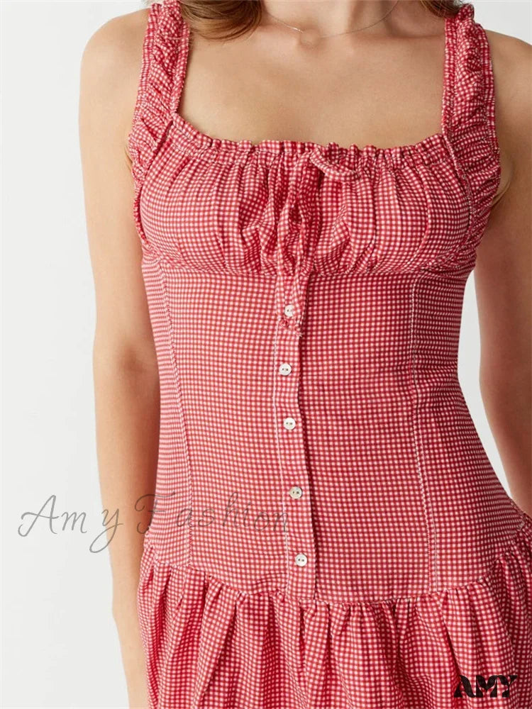 Amy Fashion - Women Summer Sleeveless Tank Casual Plaid Print Ruffles Party Cocktail Beach Street