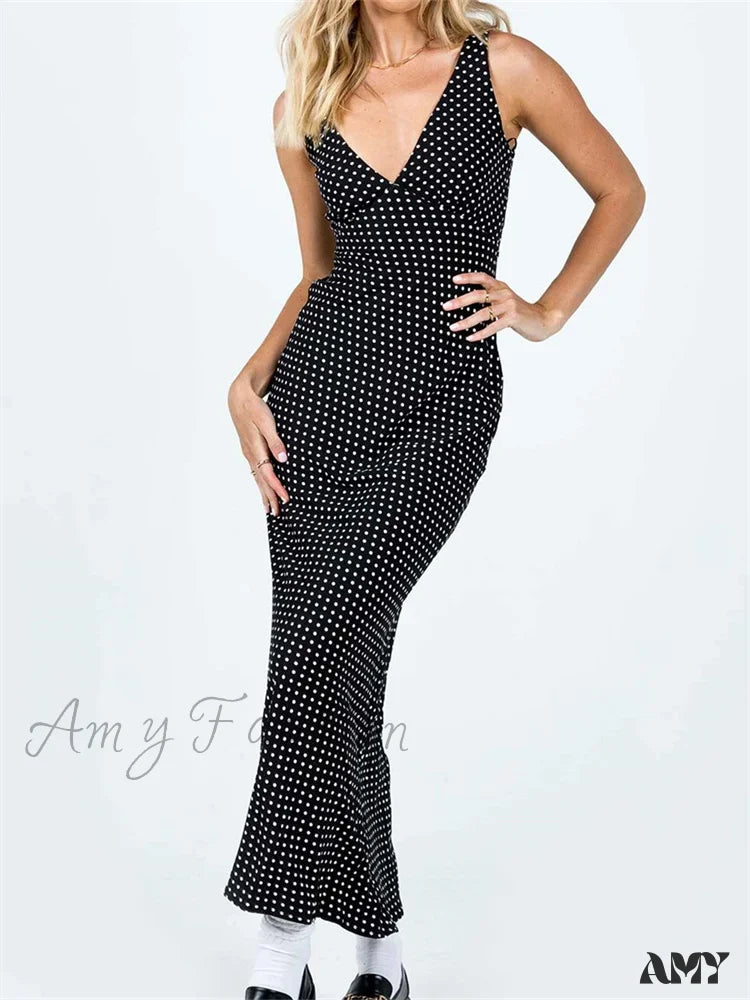 Amy Fashion - Women Summer Slim Tank Dot Print Sleeveless Deep V-Neck Bodycon Ankle Length Female