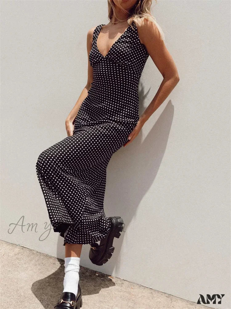 Amy Fashion - Women Summer Slim Tank Dot Print Sleeveless Deep V-Neck Bodycon Ankle Length Female