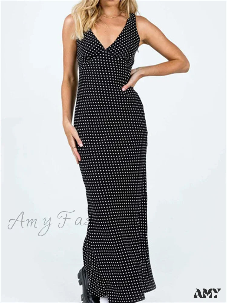 Amy Fashion - Women Summer Slim Tank Dot Print Sleeveless Deep V-Neck Bodycon Ankle Length Female