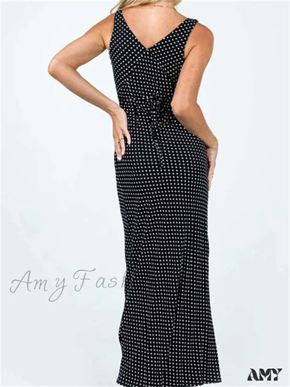 Amy Fashion - Women Summer Slim Tank Dot Print Sleeveless Deep V-Neck Bodycon Ankle Length Female