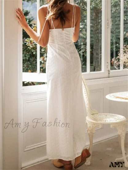 Amy Fashion - Women Summer Sling Sleeveless High Split Hollow Out Tie Up Lace Trim Party Beach