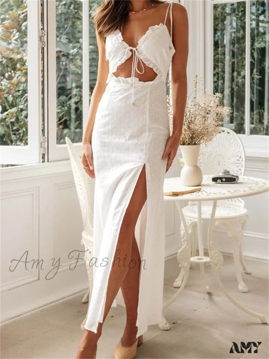 Amy Fashion - Women Summer Sling Sleeveless High Split Hollow Out Tie Up Lace Trim Party Beach