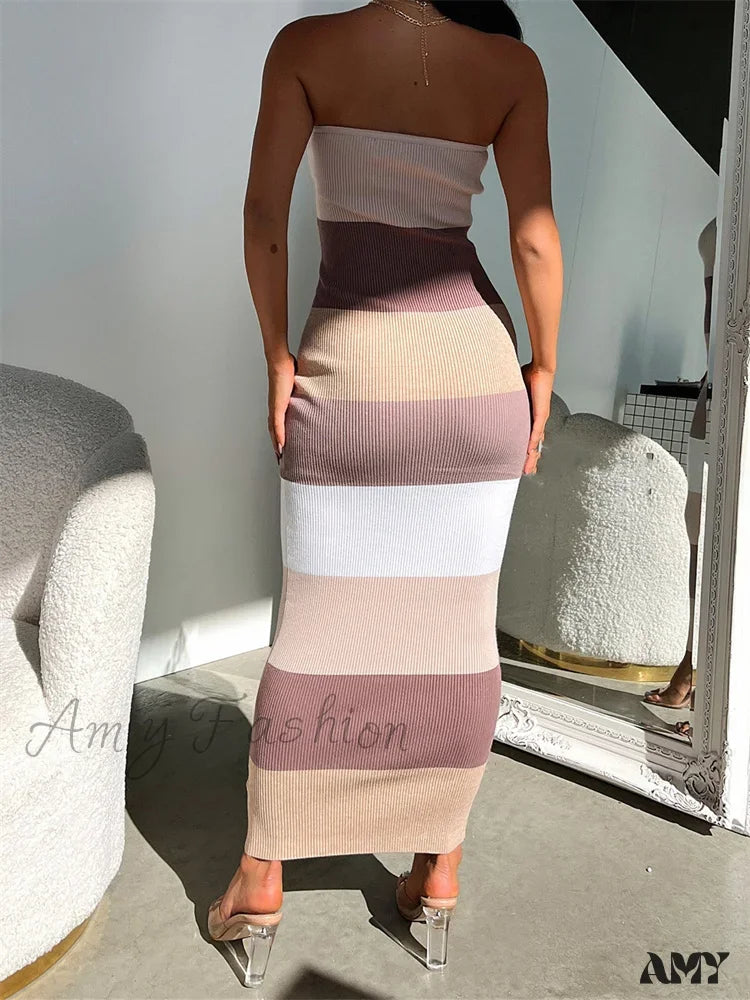 Amy Fashion - Women Summer Strapless Knitted Ribbed Female Sexy Vestidos Sleeveless Off Shoulder